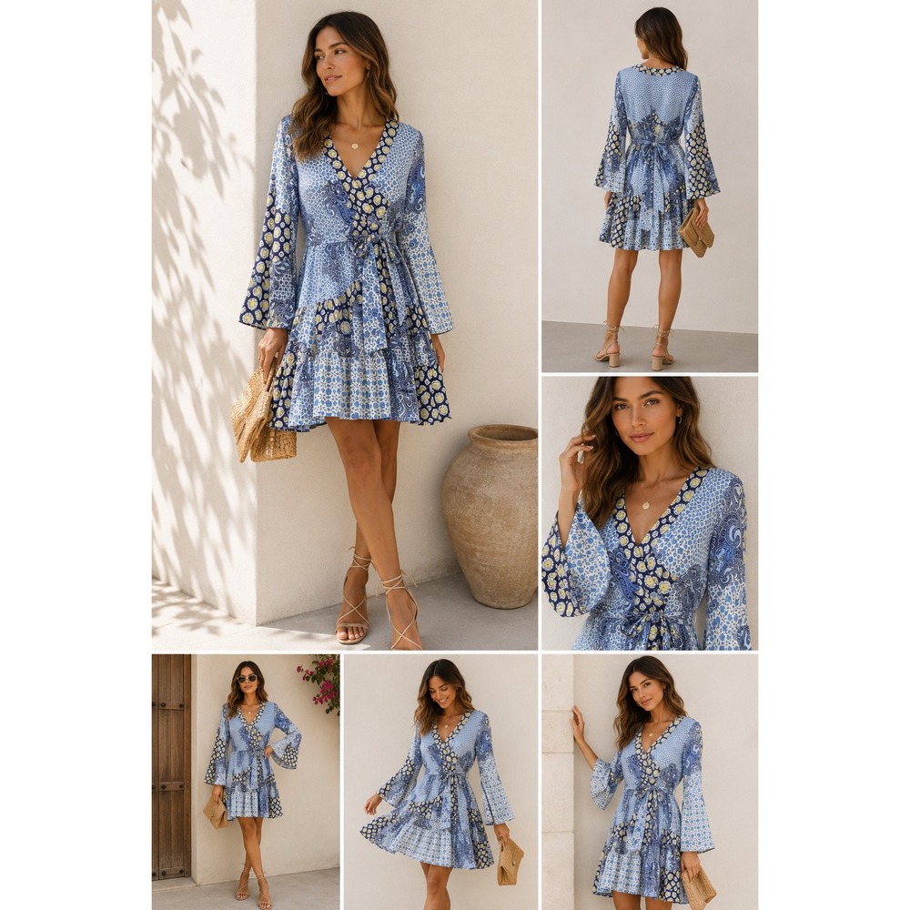 Alexis Paisley Tie Waist Mini Dress Small Blue Yellow Bell Sleeve Boho Luxe